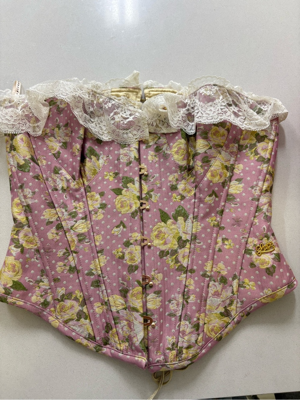 Lacemade Floral Lace Trim Corset Bustier in Pink and Yellow